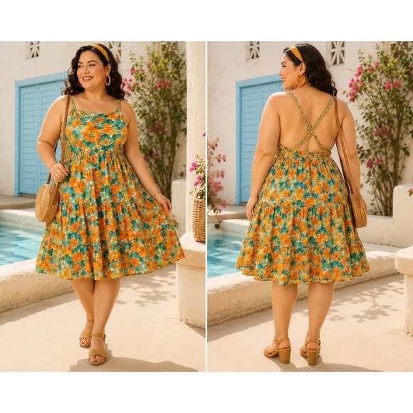 Modcloth Dresses & Skirts - ModCloth Twists and Tendrils Overall Tiered Midi Dress Floral Orange Green 2X